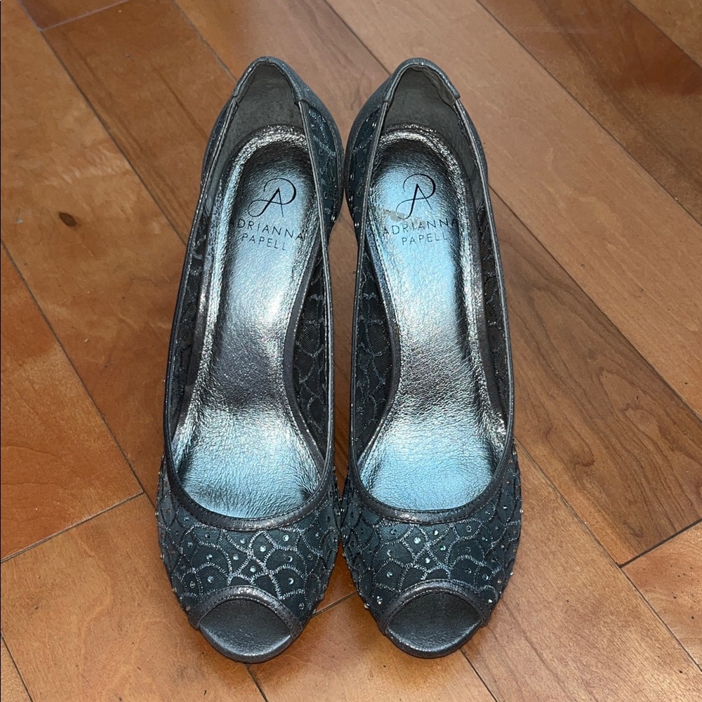 Adrianna Papell Metallic Gray Rhinestone Peep Toe Heels